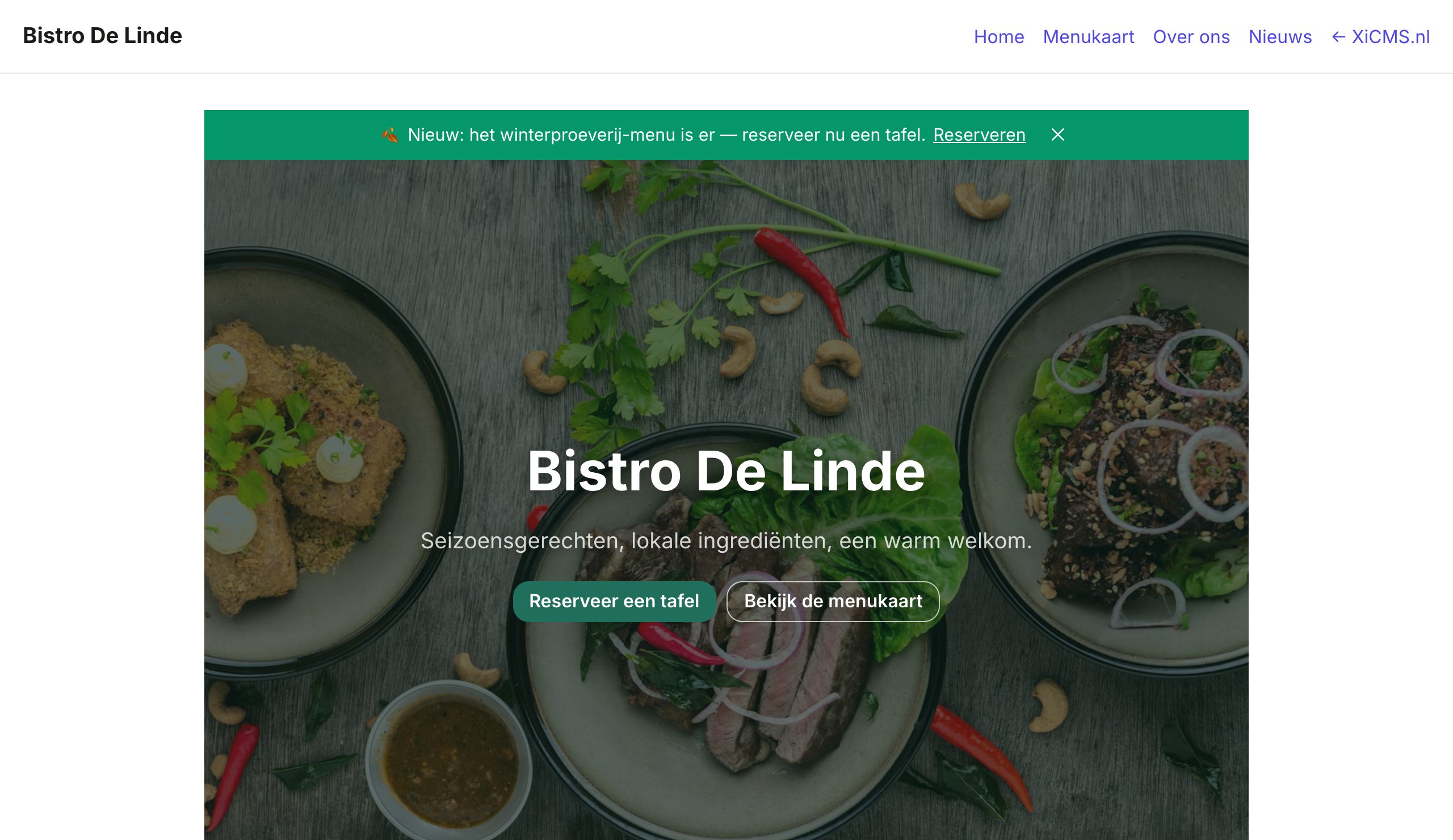 Voorbeeld van een XiCMS-site: de demo Bistro De Linde